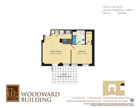 Floor plan for 1 bed, 1 bath, 757 sqft